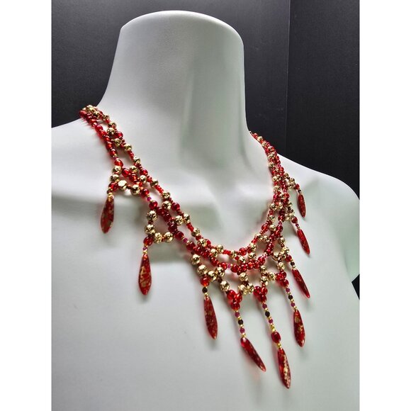 18k Gold Plated Handcrafted Lava Inspired Gold Ruby Garnet Chandelier Necklace - Picture 3 of 9
